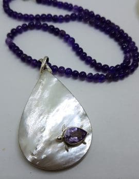 Sterling Silver Large Teardrop / Pear Shape Mother of Pearl with Amethyst Turtle Pendant on Silver Amethyst Bead Necklace