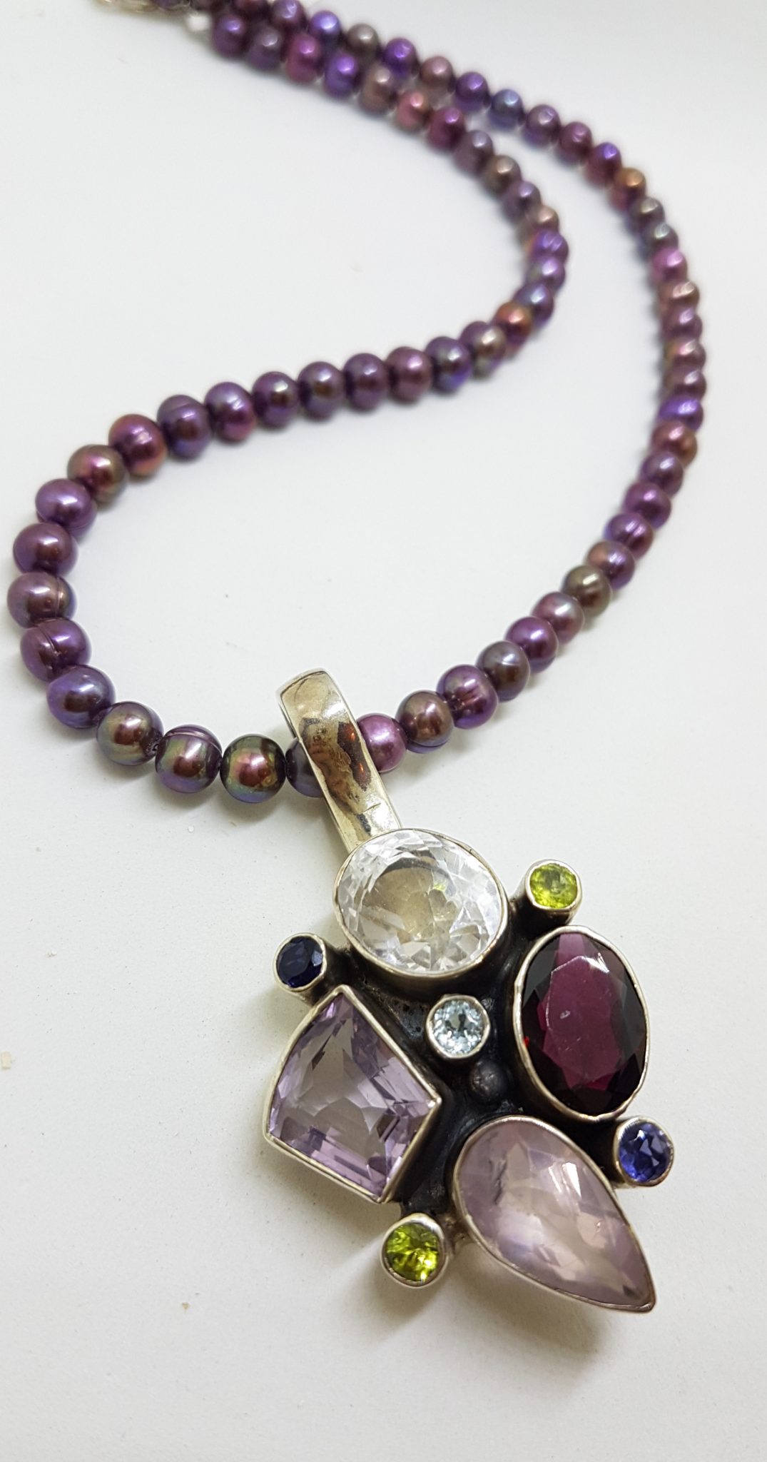 Moon Pendant Necklace with Amethyst and Garnet - Peaceful Evening | NOVICA