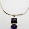 Sterling Silver Large and Long Three Stone Cabochon Amethyst Pendant on Silver Choker / Chain