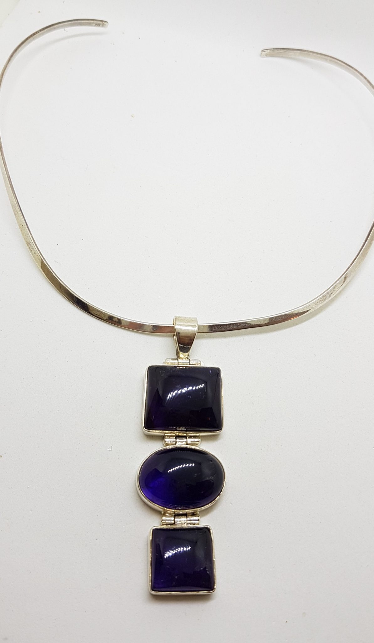 Sterling Silver Large and Long Three Stone Cabochon Amethyst Pendant on Silver Choker / Chain