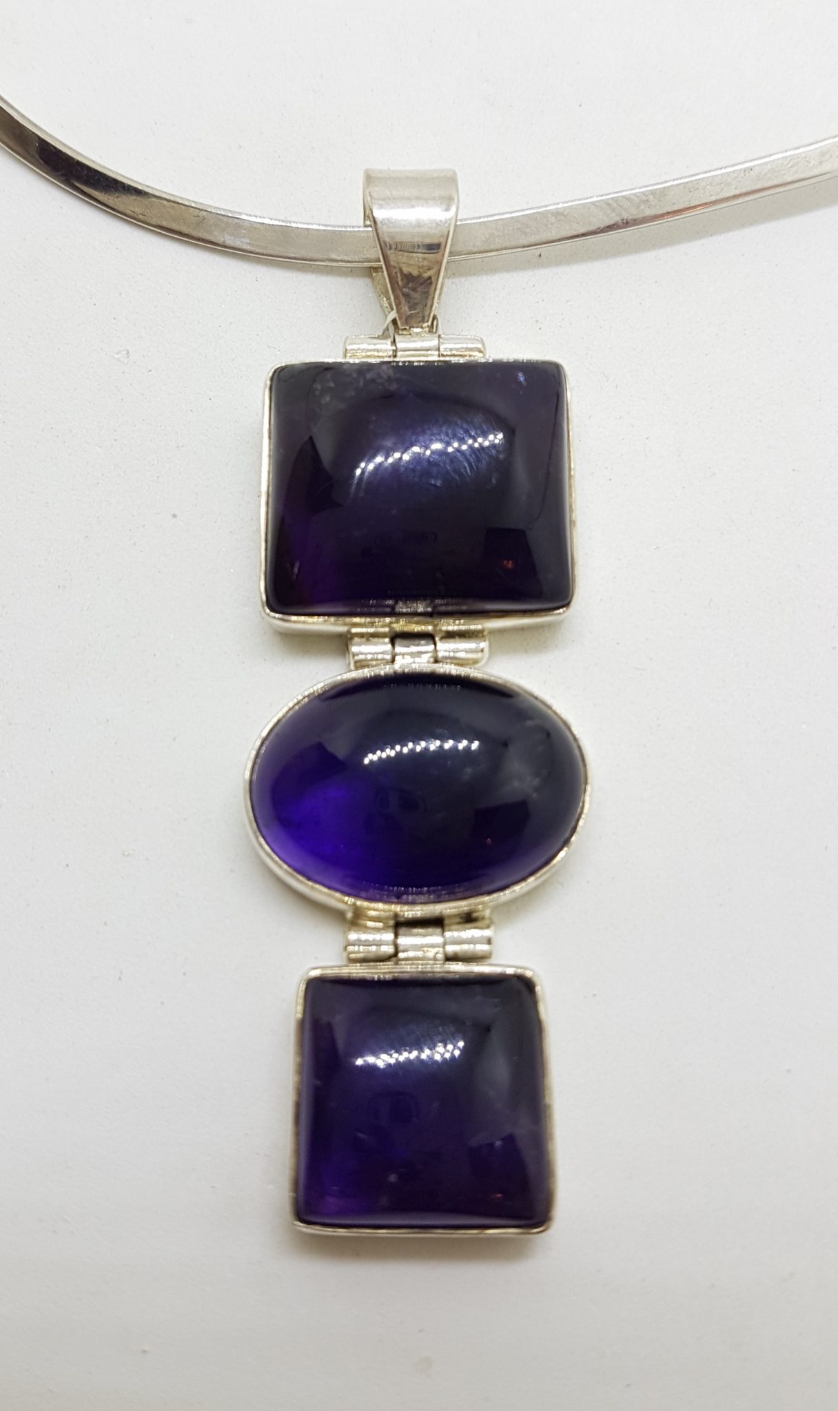 Sterling Silver Large and Long Three Stone Cabochon Amethyst Pendant on Silver Choker / Chain