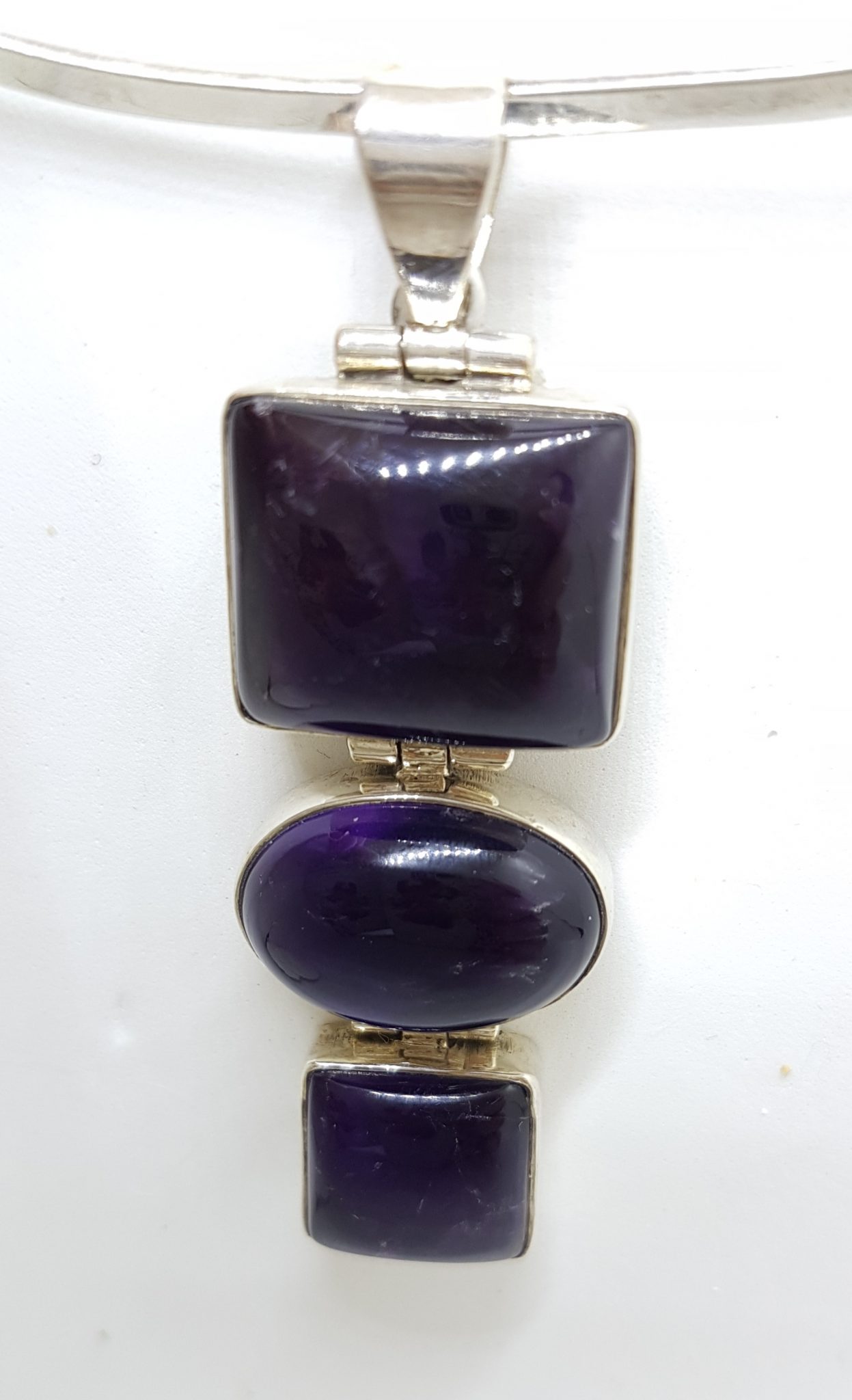 Sterling Silver Large and Long Three Stone Cabochon Amethyst Pendant on Silver Choker / Chain