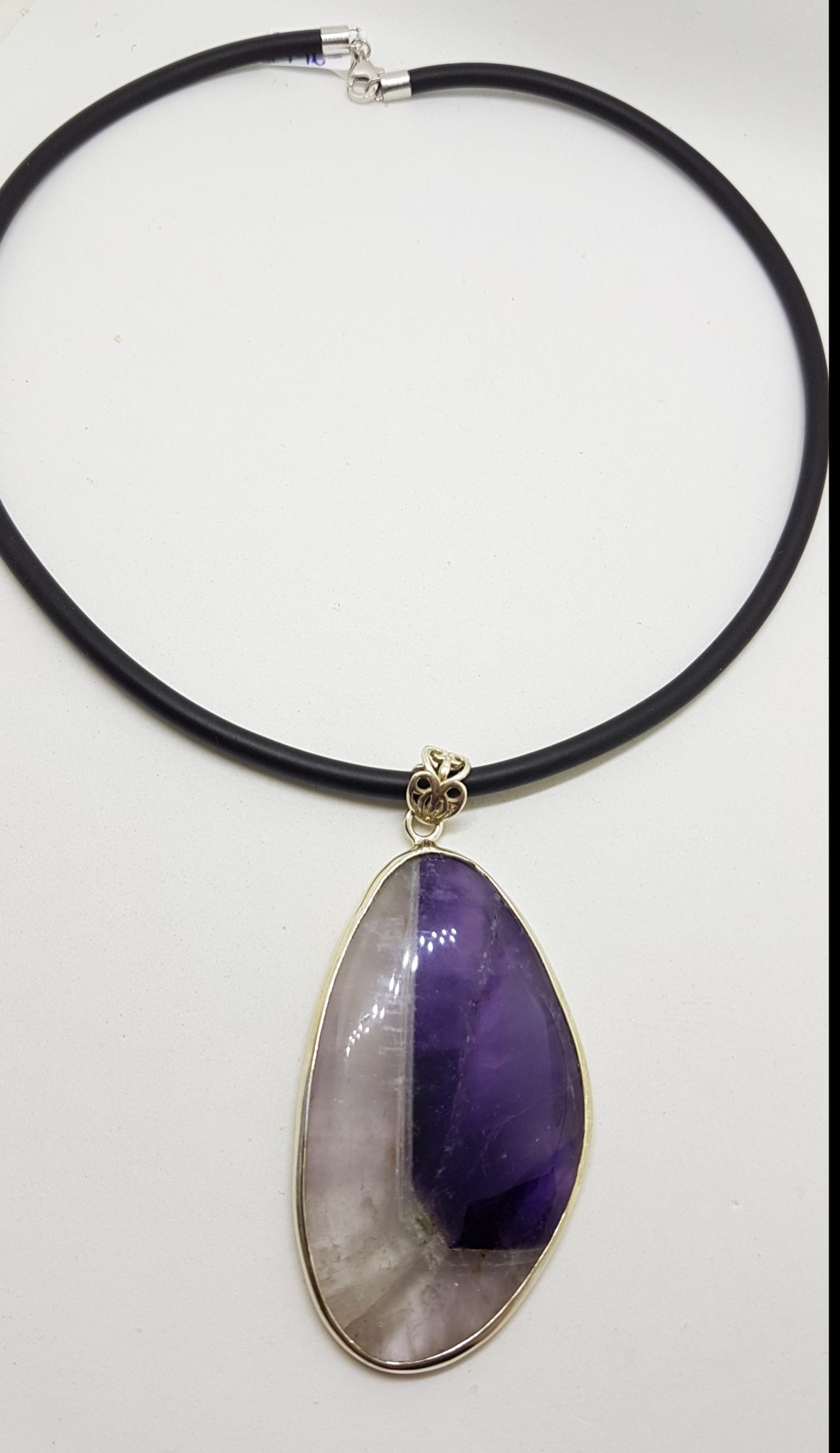 20200813_201835 Sterling Silver Very Large Amethyst Slice Pendant on Neoprene Silver Chain