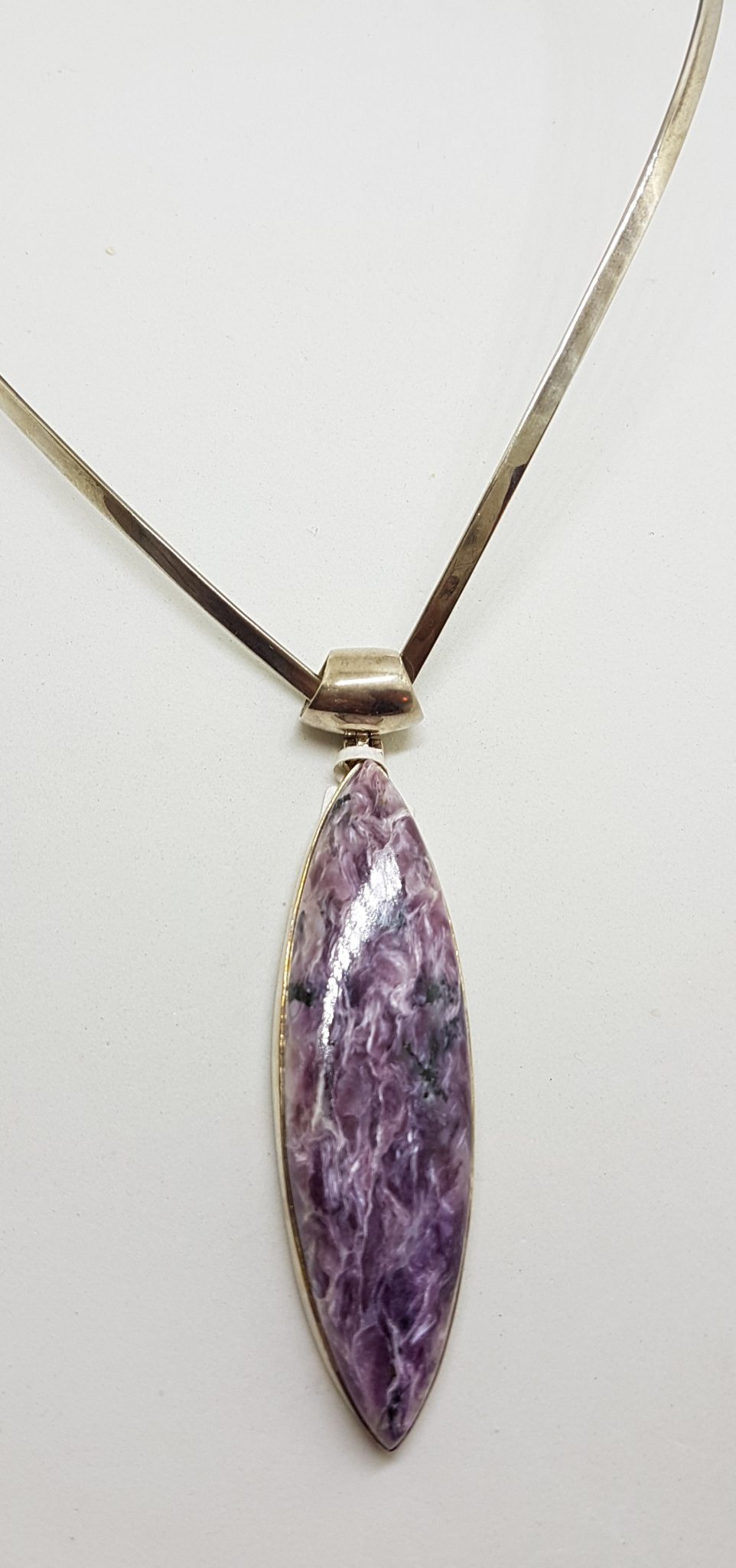 Sterling Silver Long Charoite Pendant on Sterling Silver V Shape Choker
