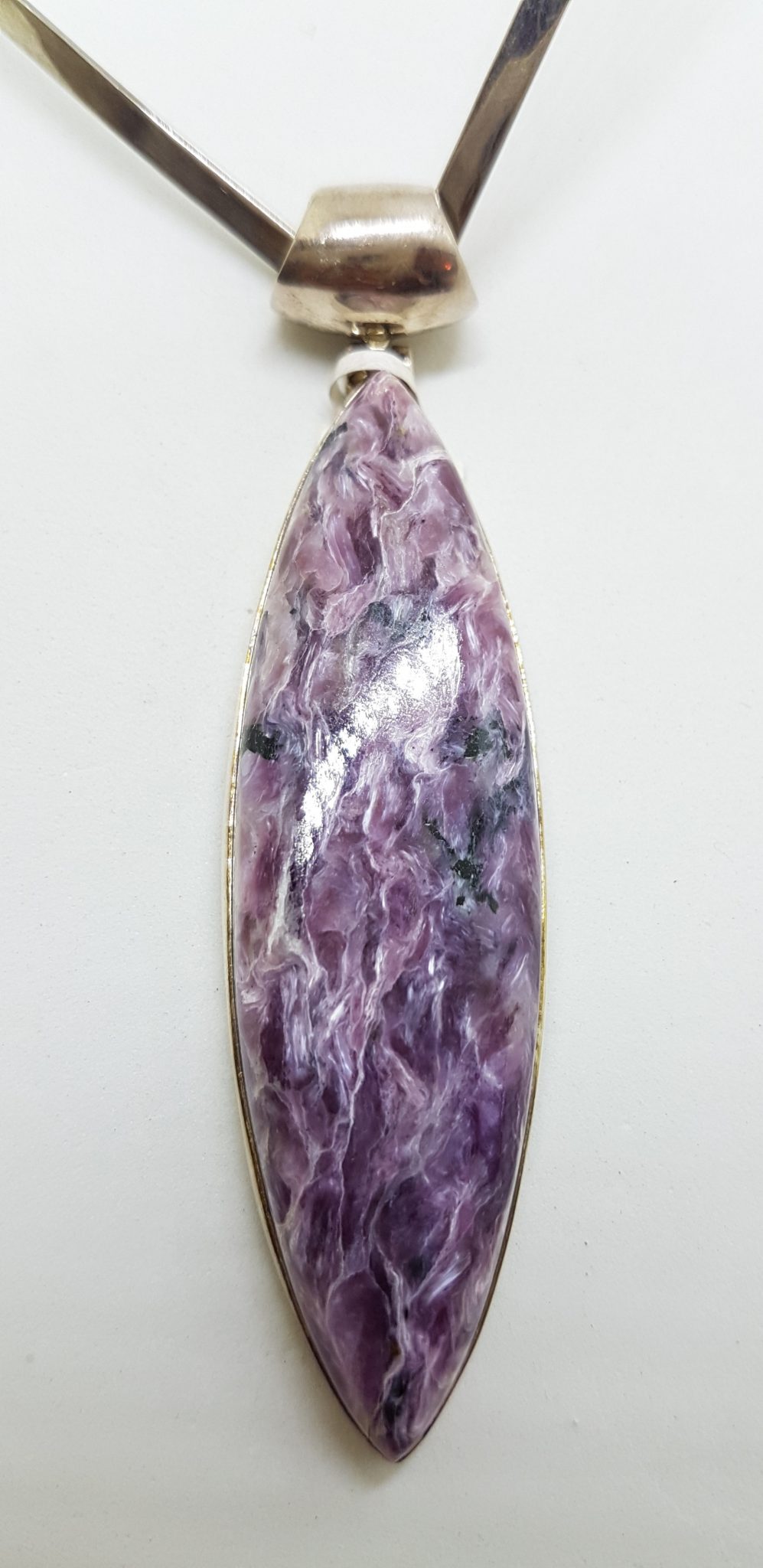 Sterling Silver Long Charoite Pendant on Sterling Silver V Shape Choker