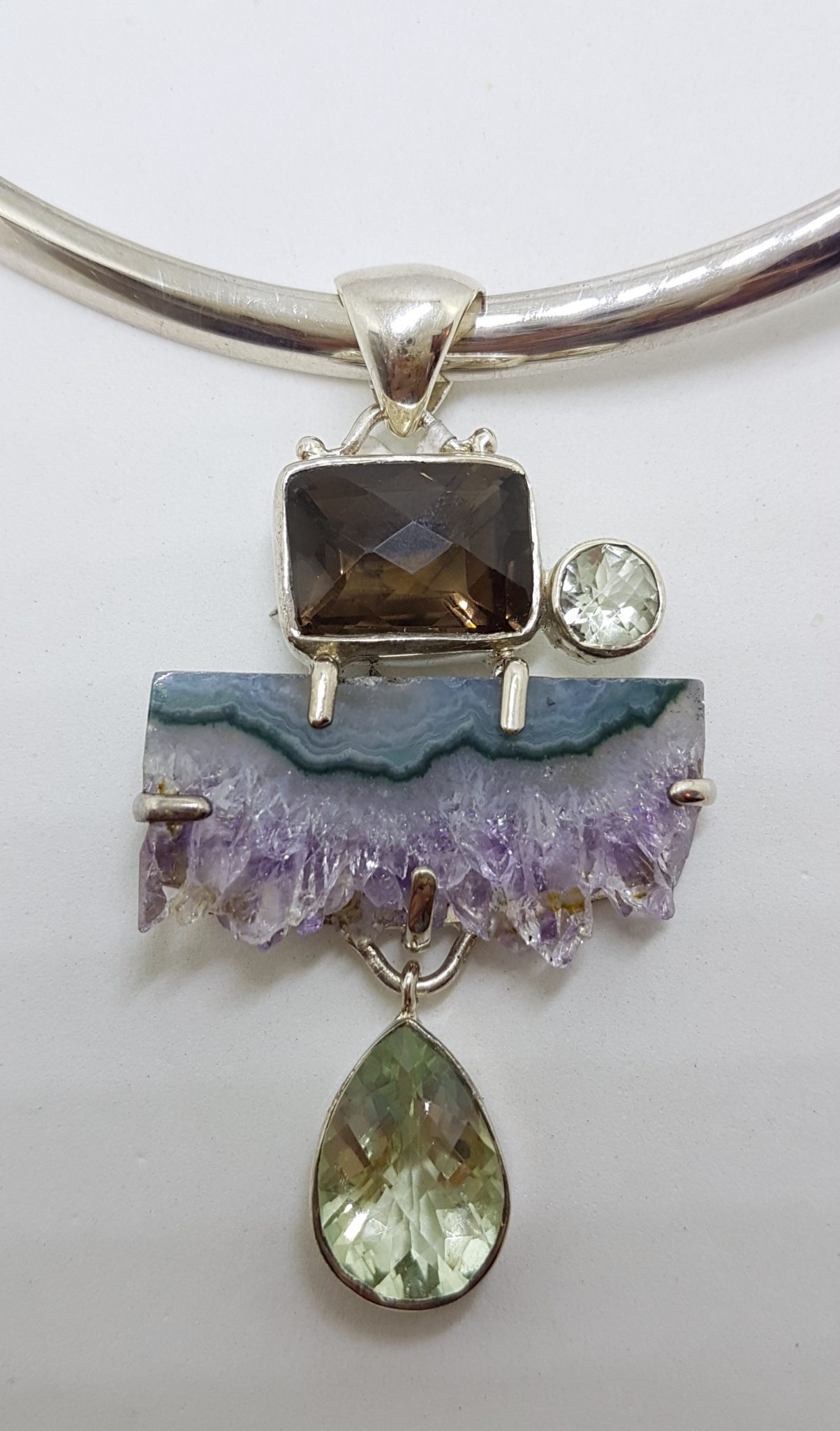 Sterling Silver Large Amethyst Crystal Slice, Green Amethyst, Clear Crystal Quartz and Smokey Quartz Pendant on Sterling Silver Choker