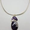 Sterling Silver Large Amethyst and Clear Crystal Quartz Pendant on Silver Choker / Chain / Necklace