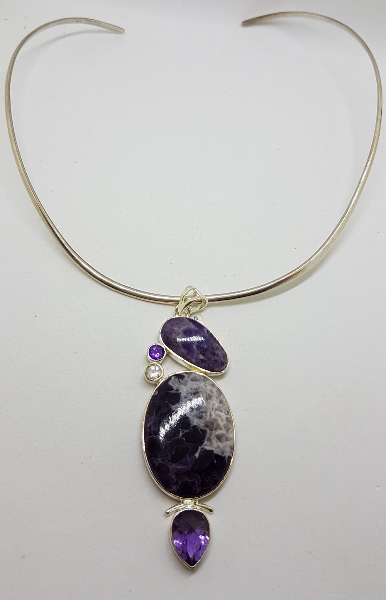 Sterling Silver Large Amethyst and Clear Crystal Quartz Pendant on Silver Choker / Chain / Necklace