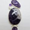 Sterling Silver Large Amethyst and Clear Crystal Quartz Pendant on Silver Choker / Chain / Necklace