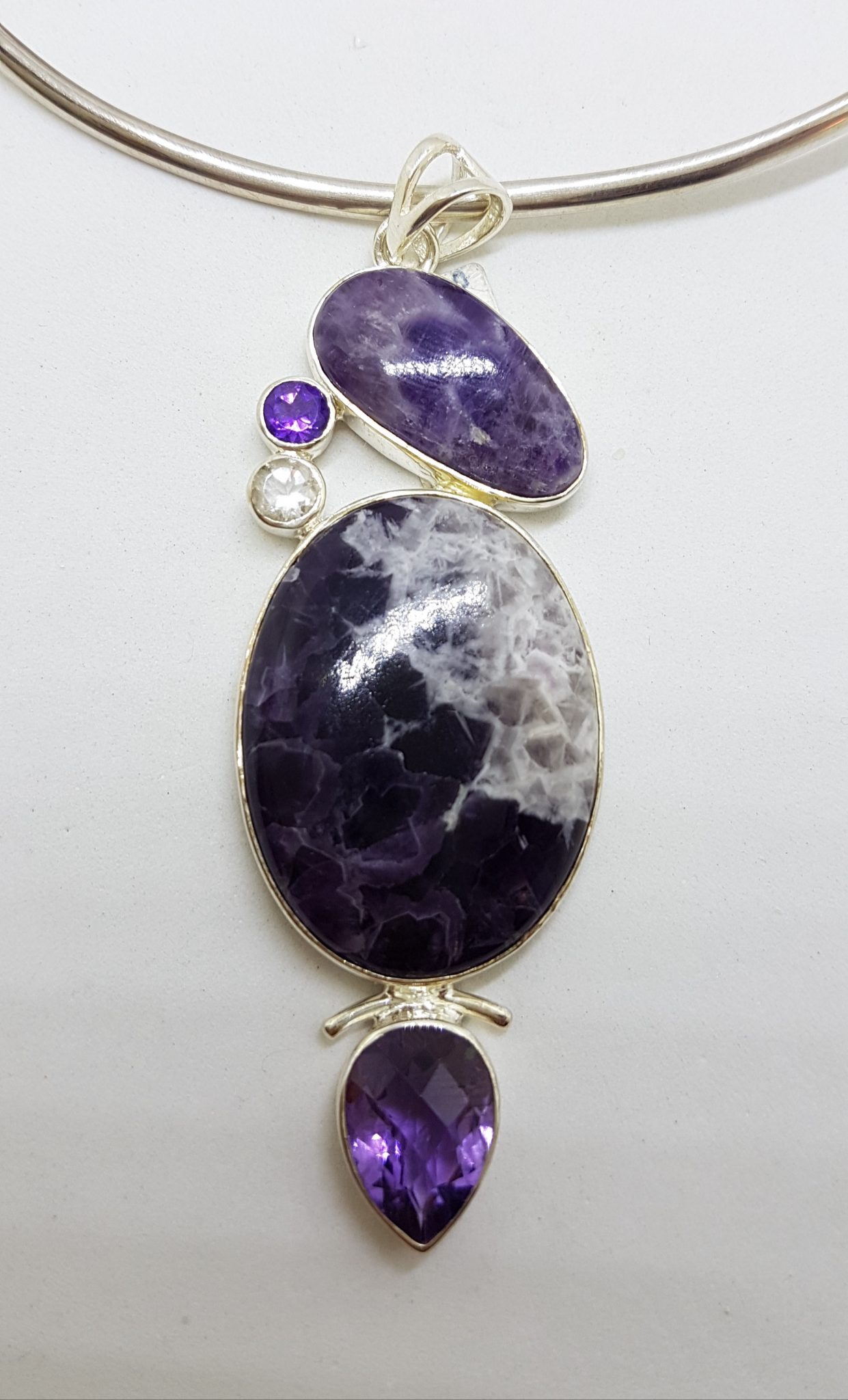 Sterling Silver Large Amethyst and Clear Crystal Quartz Pendant on Silver Choker / Chain / Necklace