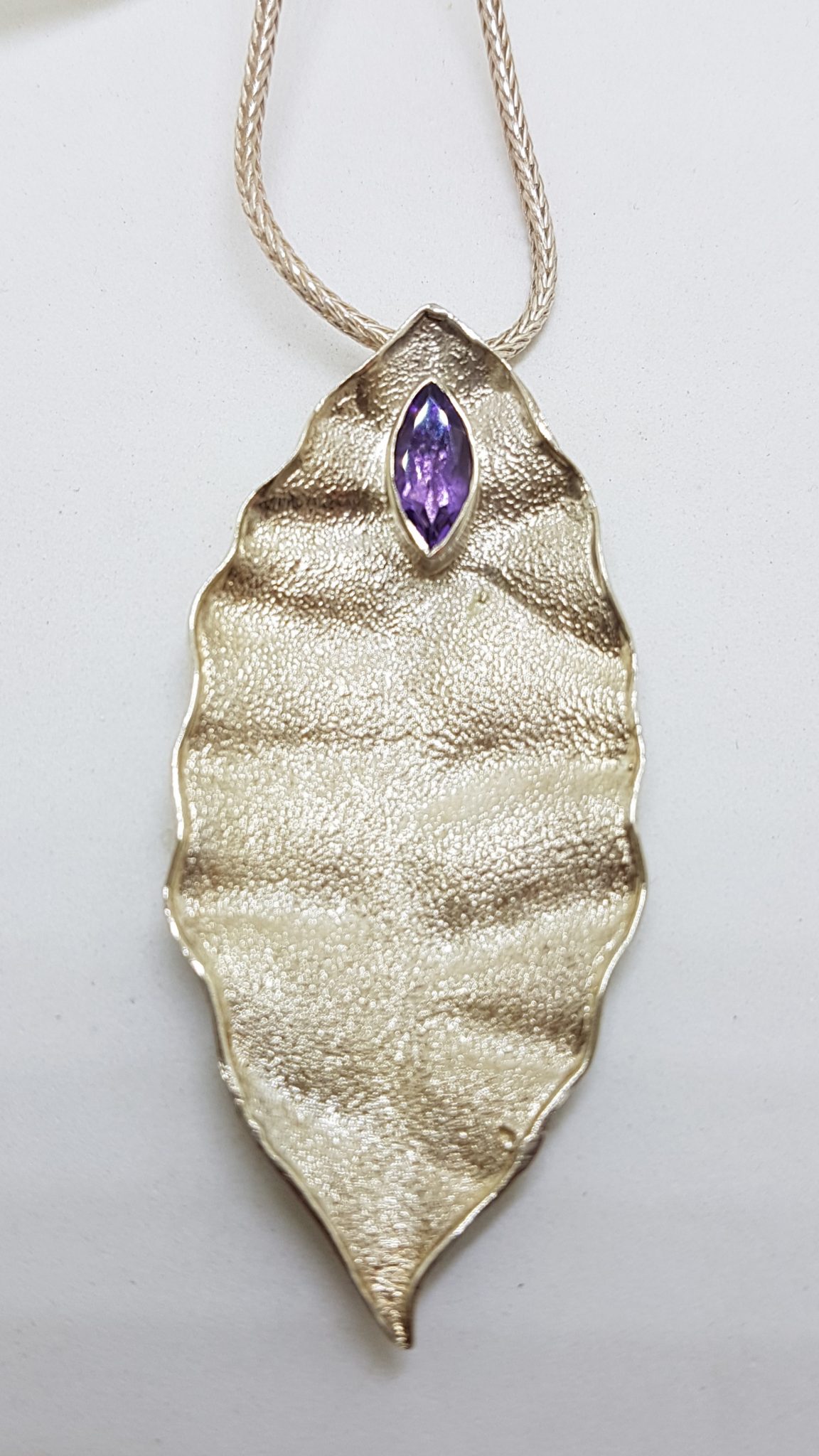 20200813_202438 Sterling Silver Large Amethyst Leaf Pendant on Silver Chain