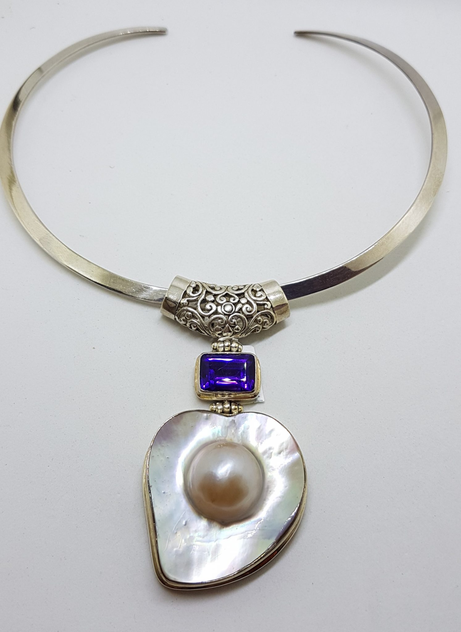 Sterling Silver Large Mabe Pearl and Amethyst Ornate Filigree Pendant on Silver Choker / Chain / Necklace