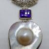 Sterling Silver Large Mabe Pearl and Amethyst Ornate Filigree Pendant on Silver Choker / Chain / Necklace