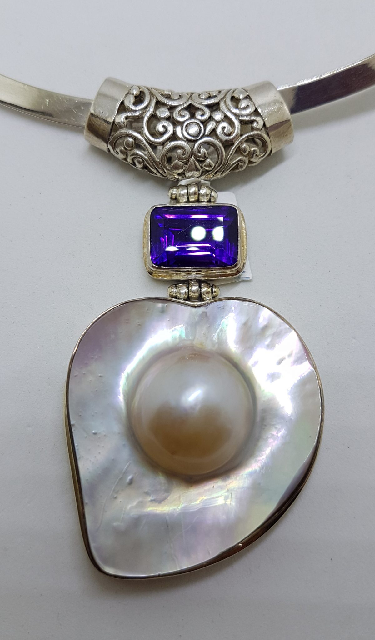 Sterling Silver Large Mabe Pearl and Amethyst Ornate Filigree Pendant on Silver Choker / Chain / Necklace