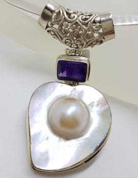 Sterling Silver Large Mabe Pearl and Amethyst Ornate Filigree Pendant on Silver Choker / Chain / Necklace