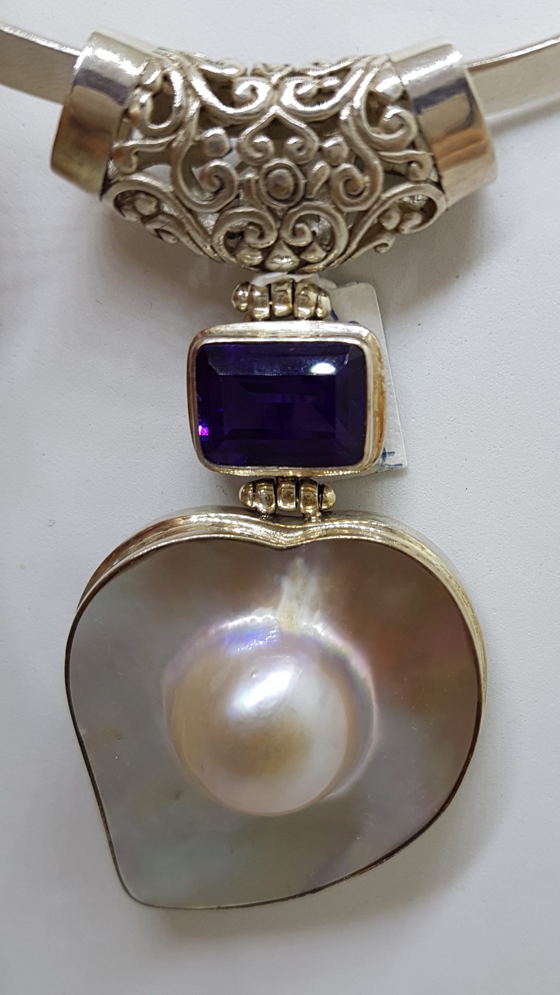 Sterling Silver Large Mabe Pearl and Amethyst Ornate Filigree Pendant on Silver Choker / Chain / Necklace