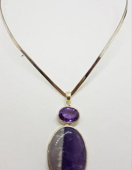 Sterling Silver Large Oval Shaped Cabochon Amethyst with Oval Faceted Amethyst Pendant on Silver Choker