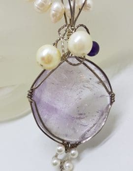 Sterling Silver Large Amethyst Unusual Twist Pendant on Pearl Necklace
