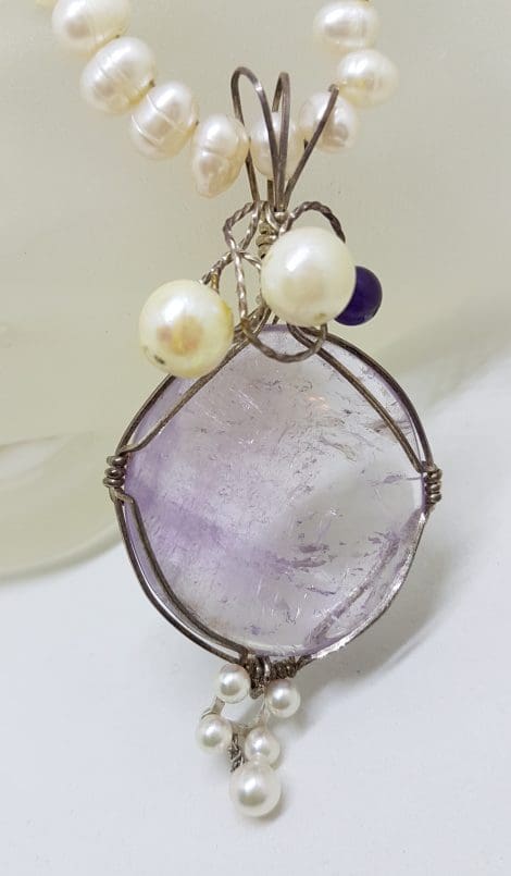 Sterling Silver Large Amethyst Unusual Twist Pendant on Pearl Necklace