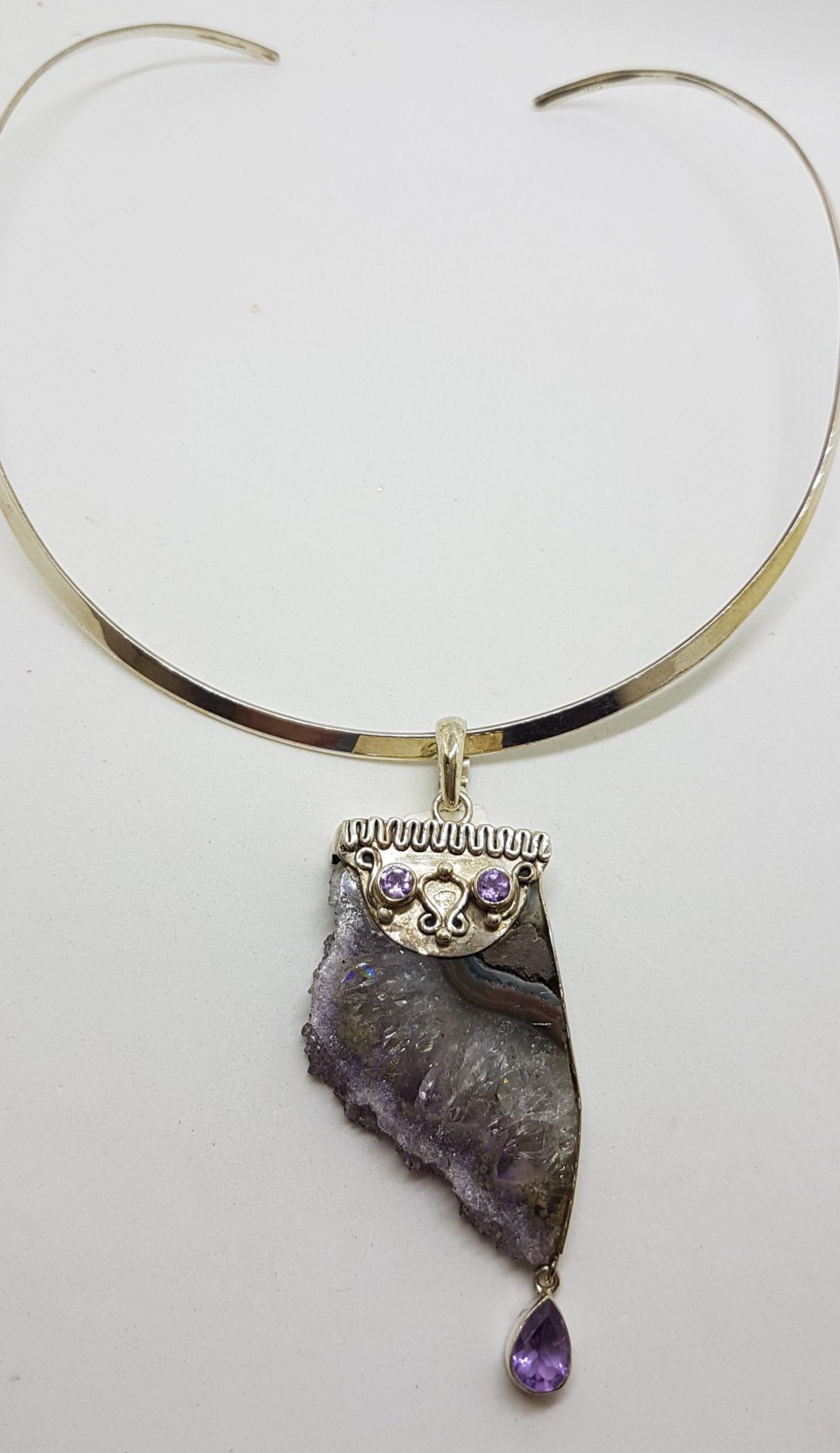 Sterling Silver Large Amethyst Slice with Faceted Amethyst Drop Ornate Pendant on Silver Choker / Chain / Necklace