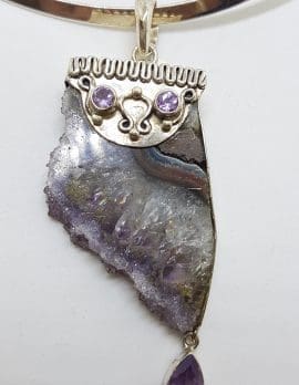 Sterling Silver Large Amethyst Slice with Faceted Amethyst Drop Ornate Pendant on Silver Choker / Chain / Necklace