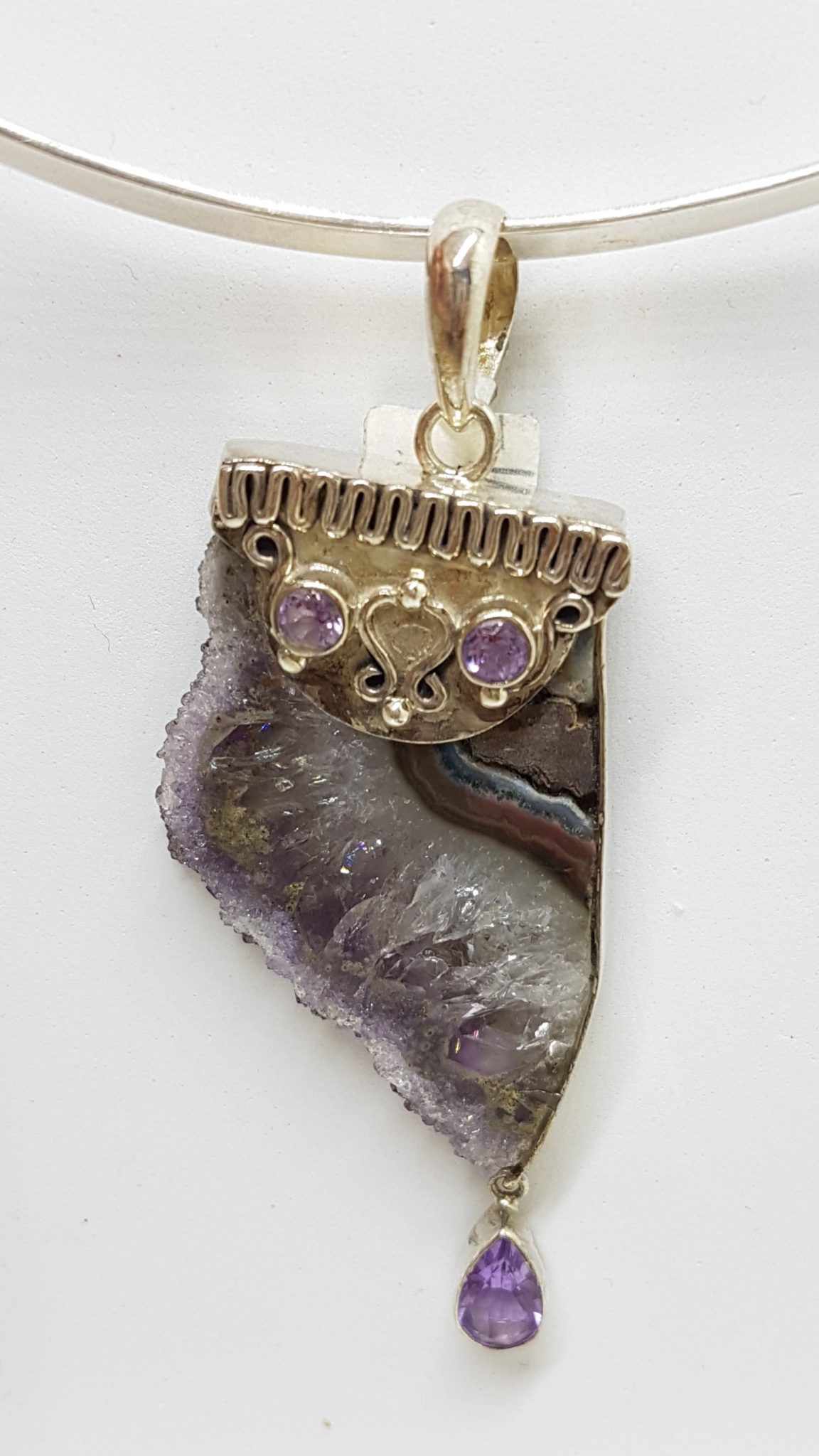 Sterling Silver Large Amethyst Slice with Faceted Amethyst Drop Ornate Pendant on Silver Choker / Chain / Necklace