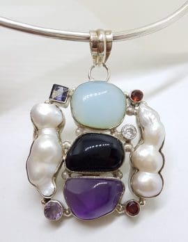 Sterling Silver Large and Unusual Amethyst, Chalcedony, Pearl, Onyx & Garnet Cluster Pendant on Silver Choker / Chain / Necklace