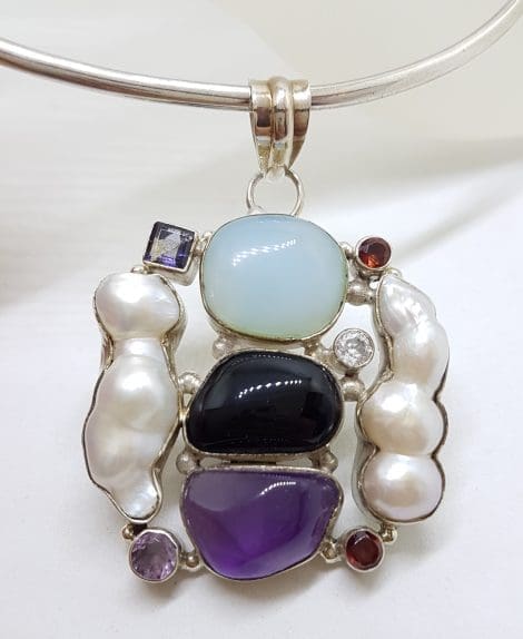 Sterling Silver Large and Unusual Amethyst, Chalcedony, Pearl, Onyx & Garnet Cluster Pendant on Silver Choker / Chain / Necklace