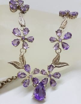 Sterling Silver Ornate Floral Amethyst Collier Necklace / Chain - Flower Motif