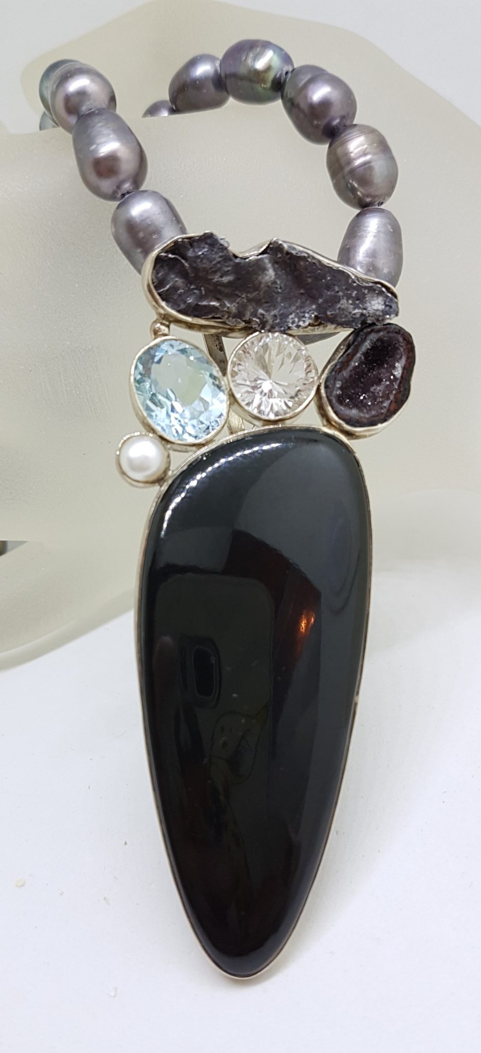 20200813_203326 Sterling Silver Large Onyx, Meteorite, Topaz, Druzy, Pearl and Clear Quartz Pendant on Grey / Silver Pearl Necklace