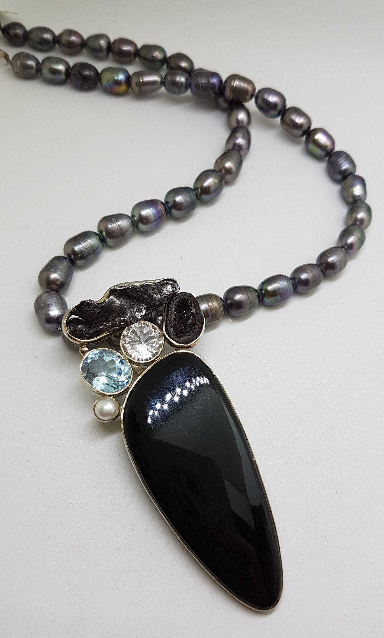 20200813_203343 Sterling Silver Large Onyx, Meteorite, Topaz, Druzy, Pearl and Clear Quartz Pendant on Grey / Silver Pearl Necklace