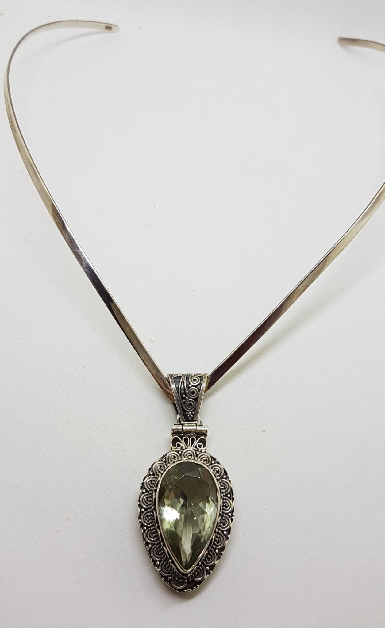 Sterling Silver Large Teardrop / Pear Shape Green Amethyst / Prasiolite Ornate Filigree Design Pendant on Silver Choker / Chain / Necklace