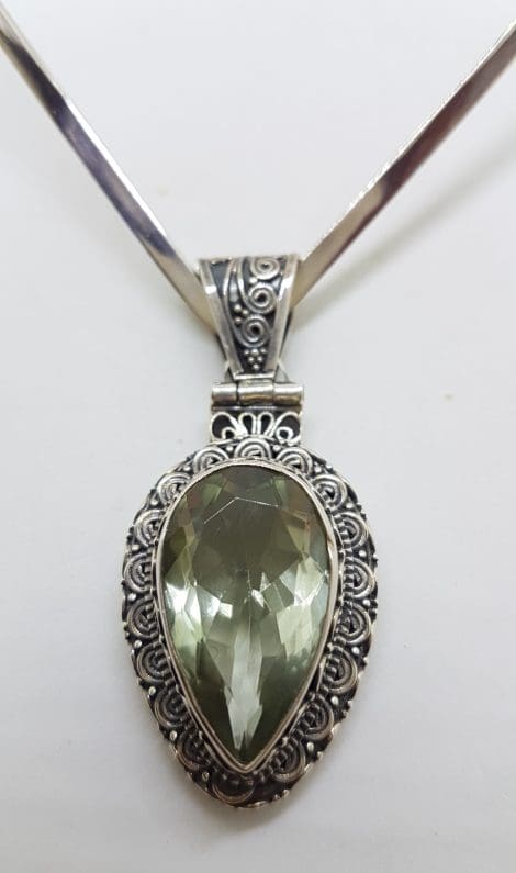 Sterling Silver Large Teardrop / Pear Shape Green Amethyst / Prasiolite Ornate Filigree Design Pendant on Silver Choker / Chain / Necklace