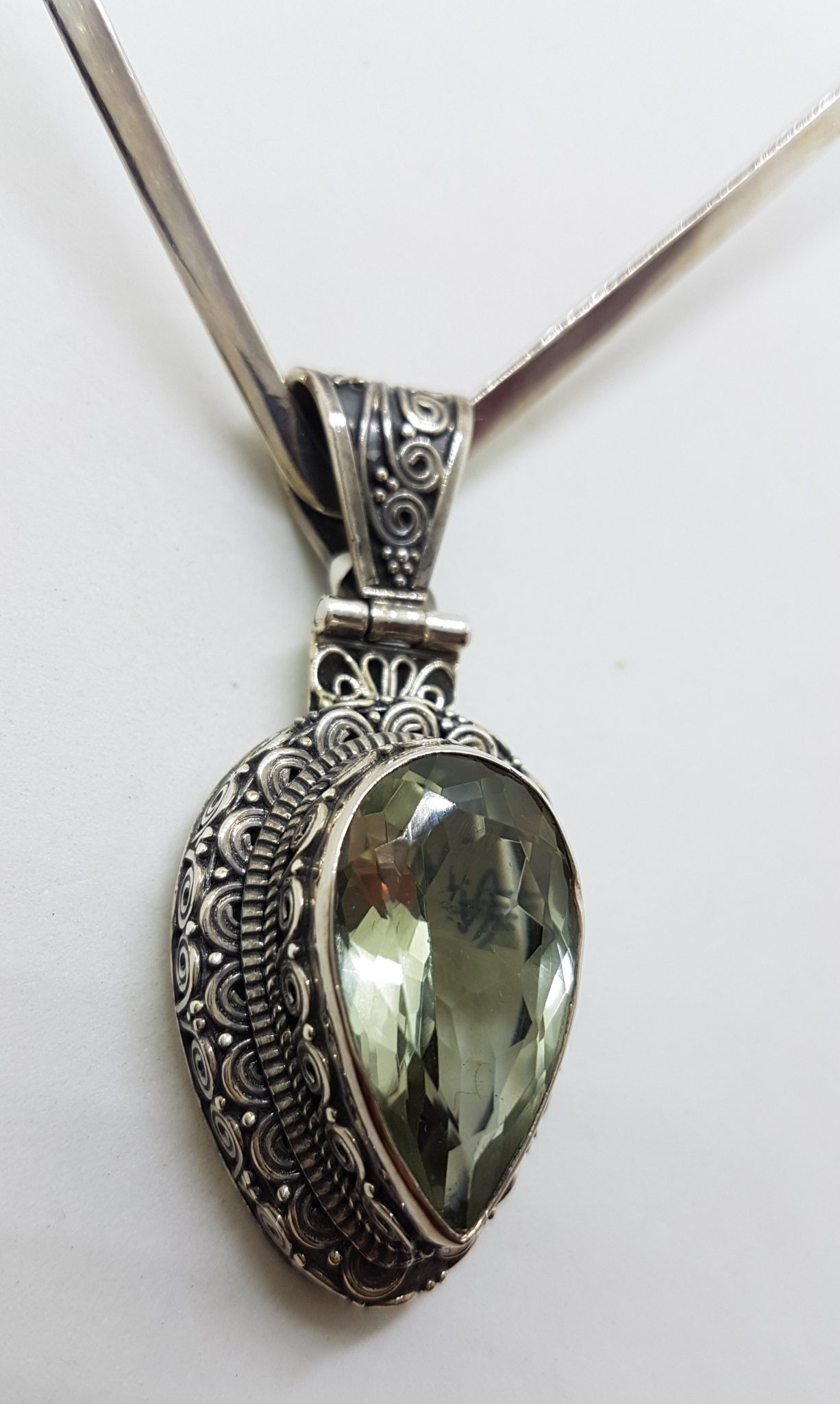 Sterling Silver Large Teardrop / Pear Shape Green Amethyst / Prasiolite Ornate Filigree Design Pendant on Silver Choker / Chain / Necklace