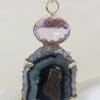 Sterling Silver Large Amethyst Slice with Faceted Amethyst Drop Ornate Pendant on Silver Choker / Chain / Necklace