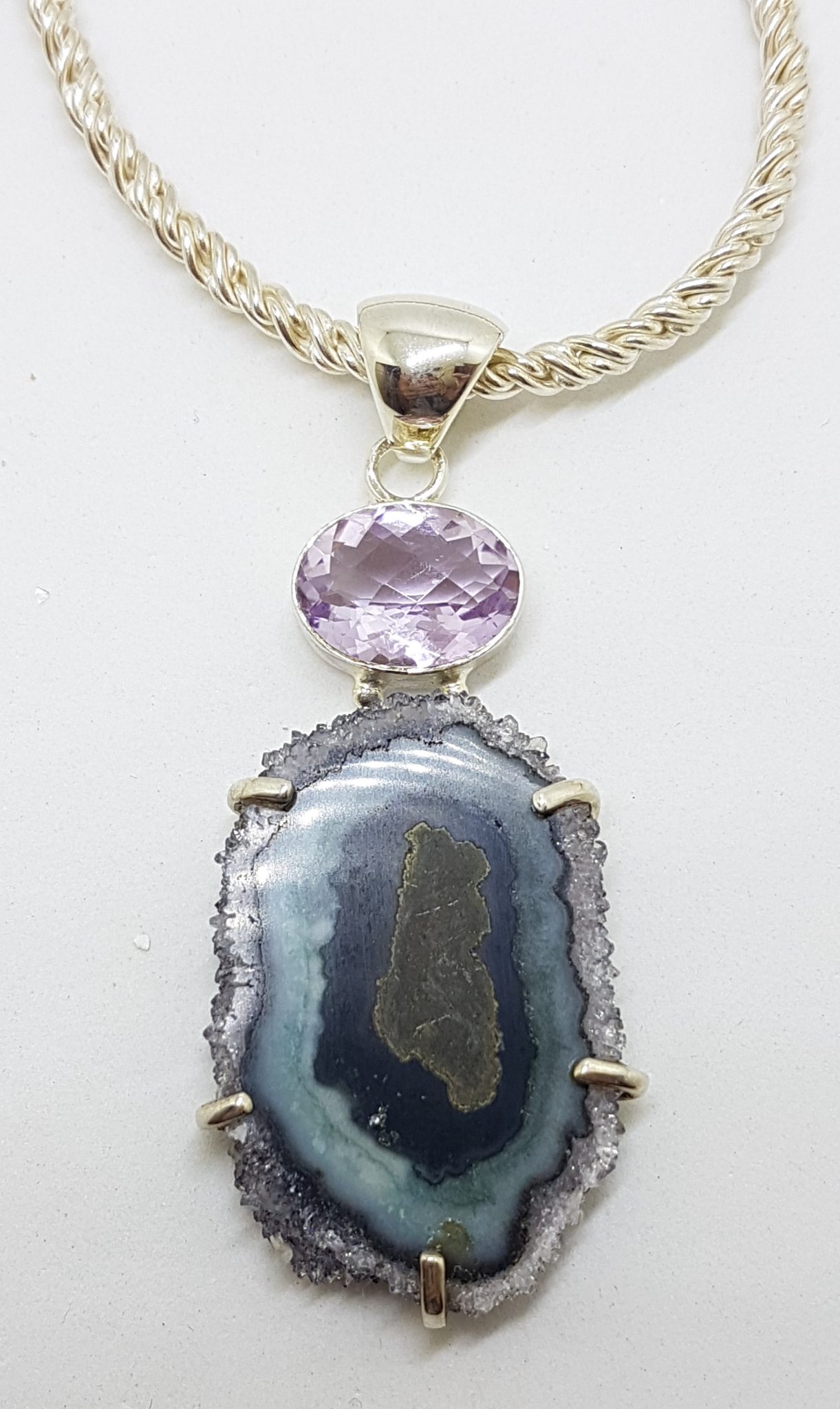 Sterling Silver Large Amethyst Slice with Faceted Amethyst Drop Ornate Pendant on Silver Choker / Chain / Necklace