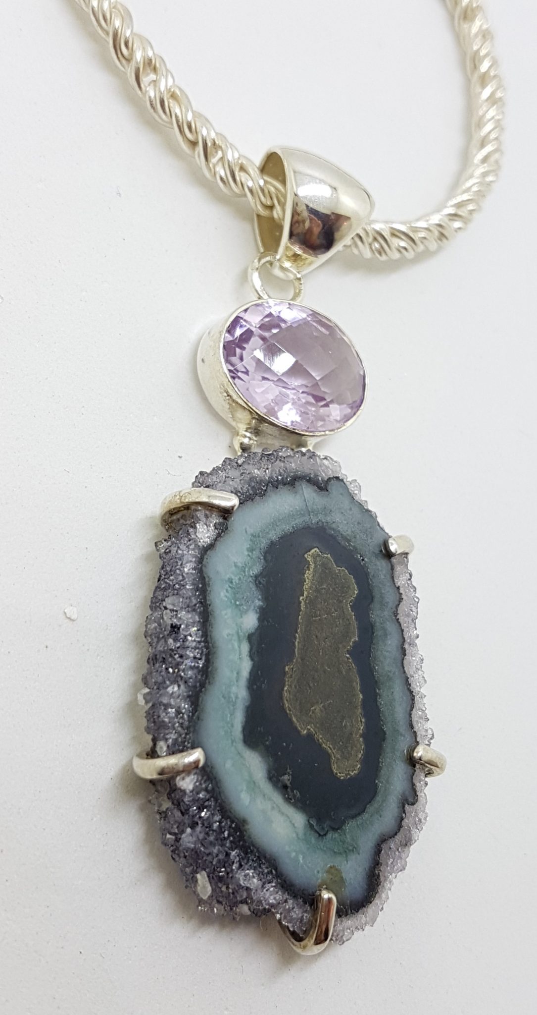 Sterling Silver Large Amethyst Slice with Faceted Amethyst Drop Ornate Pendant on Silver Choker / Chain / Necklace