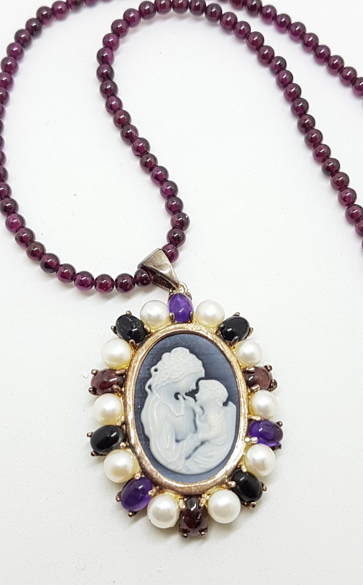 Sterling Silver Large Oval Mother and Child Cameo with Amethyst, Onyx and Garnet Pendant on Garnet Bead Chain / Necklace