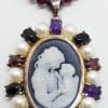 Sterling Silver Large Oval Mother and Child Cameo with Amethyst, Onyx and Garnet Pendant on Garnet Bead Chain / Necklace
