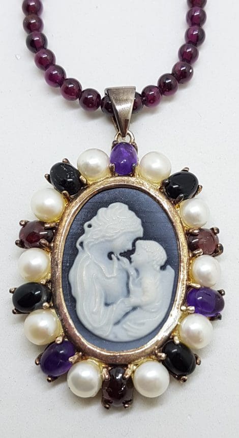 Sterling Silver Large Oval Mother and Child Cameo with Amethyst, Onyx and Garnet Pendant on Garnet Bead Chain / Necklace
