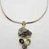 Sterling Silver Large Meteorite with Green Amethyst, Smokey Quartz and Clear Crystal Quartz Long Pendant on Sterling Silver Choker