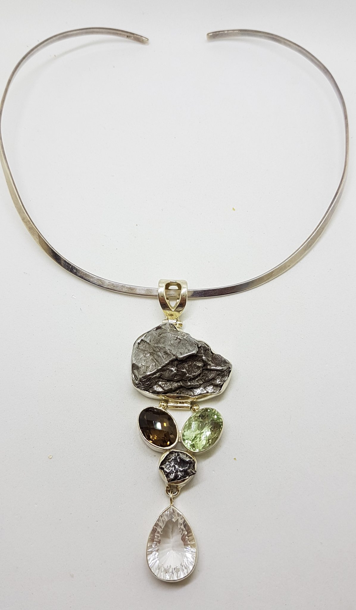20200813_203727 Sterling Silver Large Meteorite with Green Amethyst, Smokey Quartz and Clear Crystal Quartz Long Pendant on Sterling Silver Choker