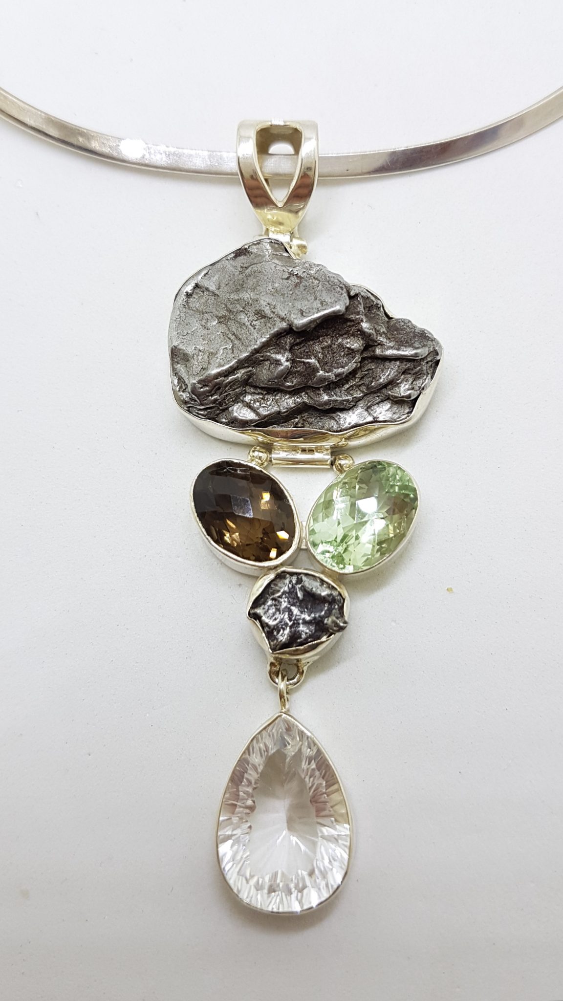 20200813_203744 Sterling Silver Large Meteorite with Green Amethyst, Smokey Quartz and Clear Crystal Quartz Long Pendant on Sterling Silver Choker