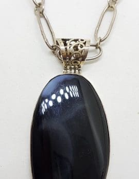 Sterling Silver Large Oval Black Banded Agate Pendant on Silver Chain
