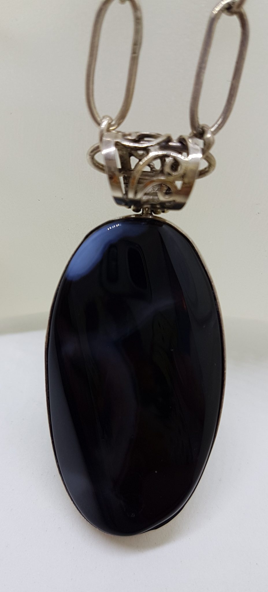 20200813_203940 Sterling Silver Large Oval Black Banded Agate Pendant on Silver Chain