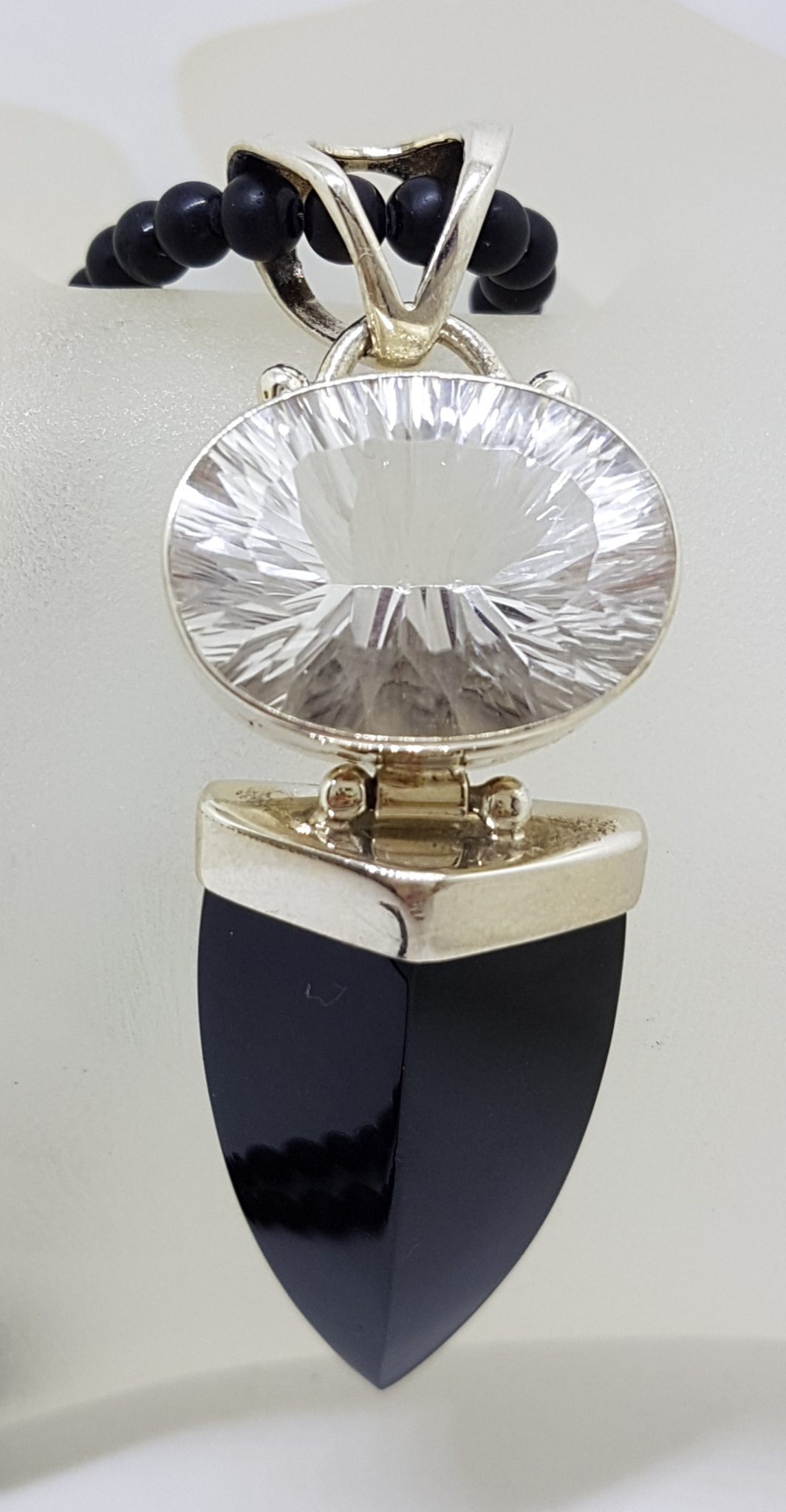 20200813_204910 Sterling Silver Large Pointy Onyx with Oval Clear Crystal Quartz Pendant on Black Onyx Bead Chain