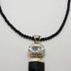 Sterling Silver Large Pointy Onyx with Oval Clear Crystal Quartz Pendant on Black Onyx Bead Chain