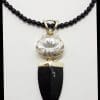 Sterling Silver Large Pointy Onyx with Oval Clear Crystal Quartz Pendant on Black Onyx Bead Chain