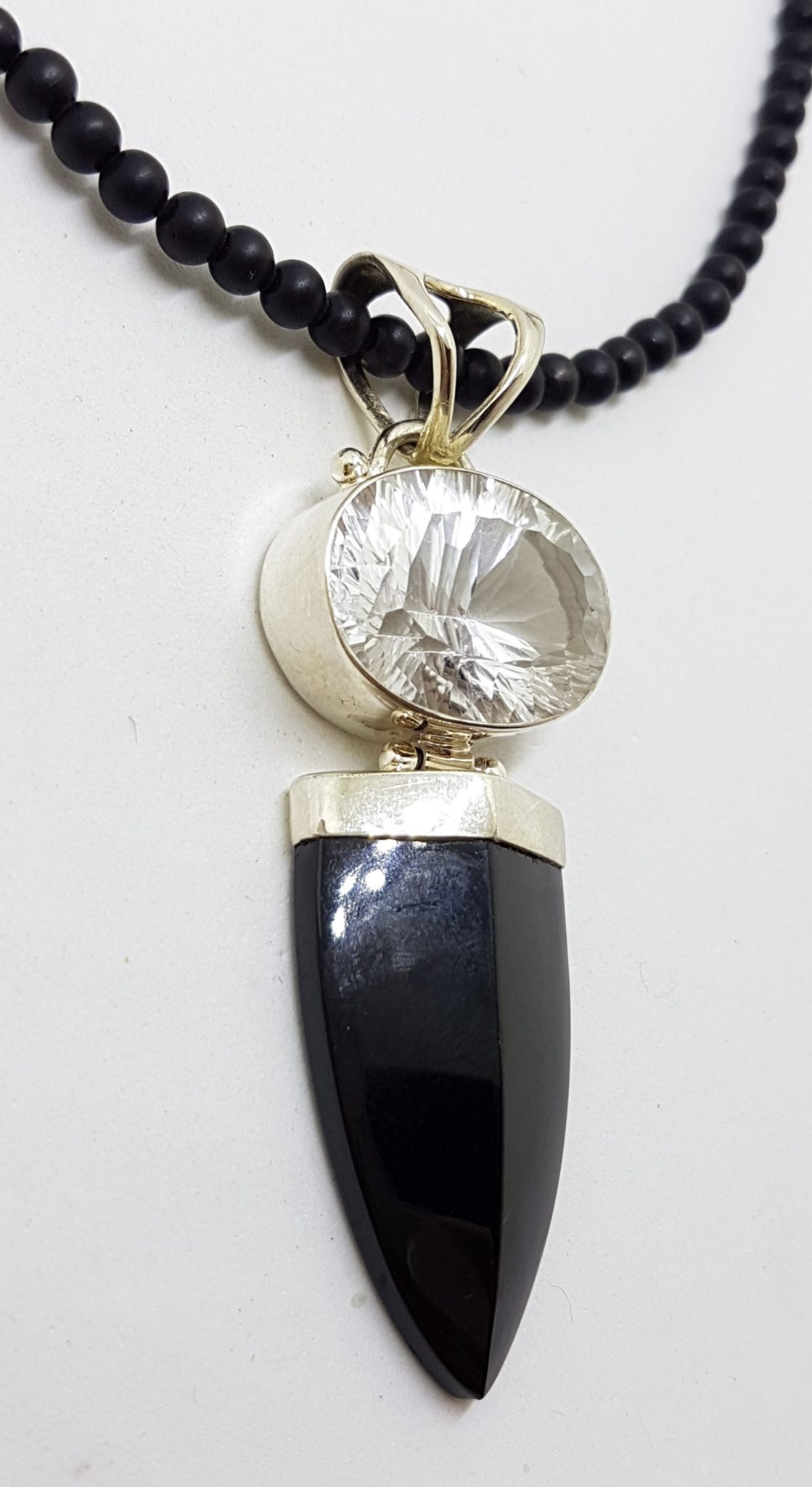 20200813_205021 Sterling Silver Large Pointy Onyx with Oval Clear Crystal Quartz Pendant on Black Onyx Bead Chain