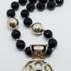 Sterling Silver Round Open Design Onyx Pendant on Thick Onyx Bead Necklace / Chain